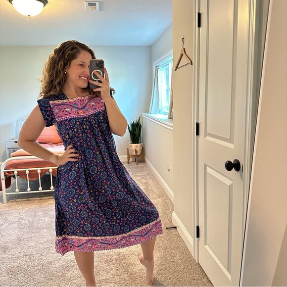 Vintage Blue Pink Cotton Block Printed House Maxi Dress Muumuu Small - Picture 3 of 12